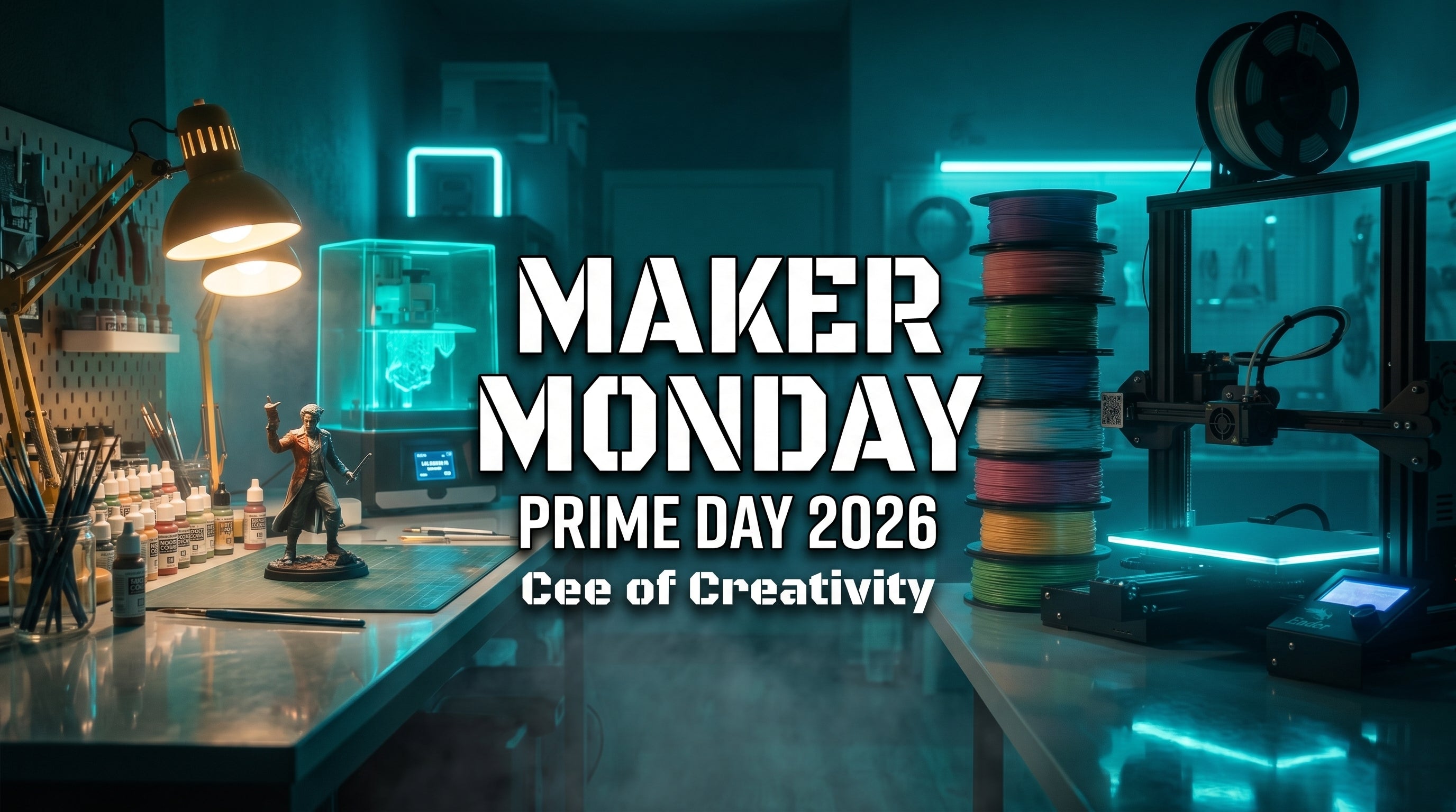Cee of Creativity Maker Monday Prime Day 2026 cover, neon-lit 3D printing workshop