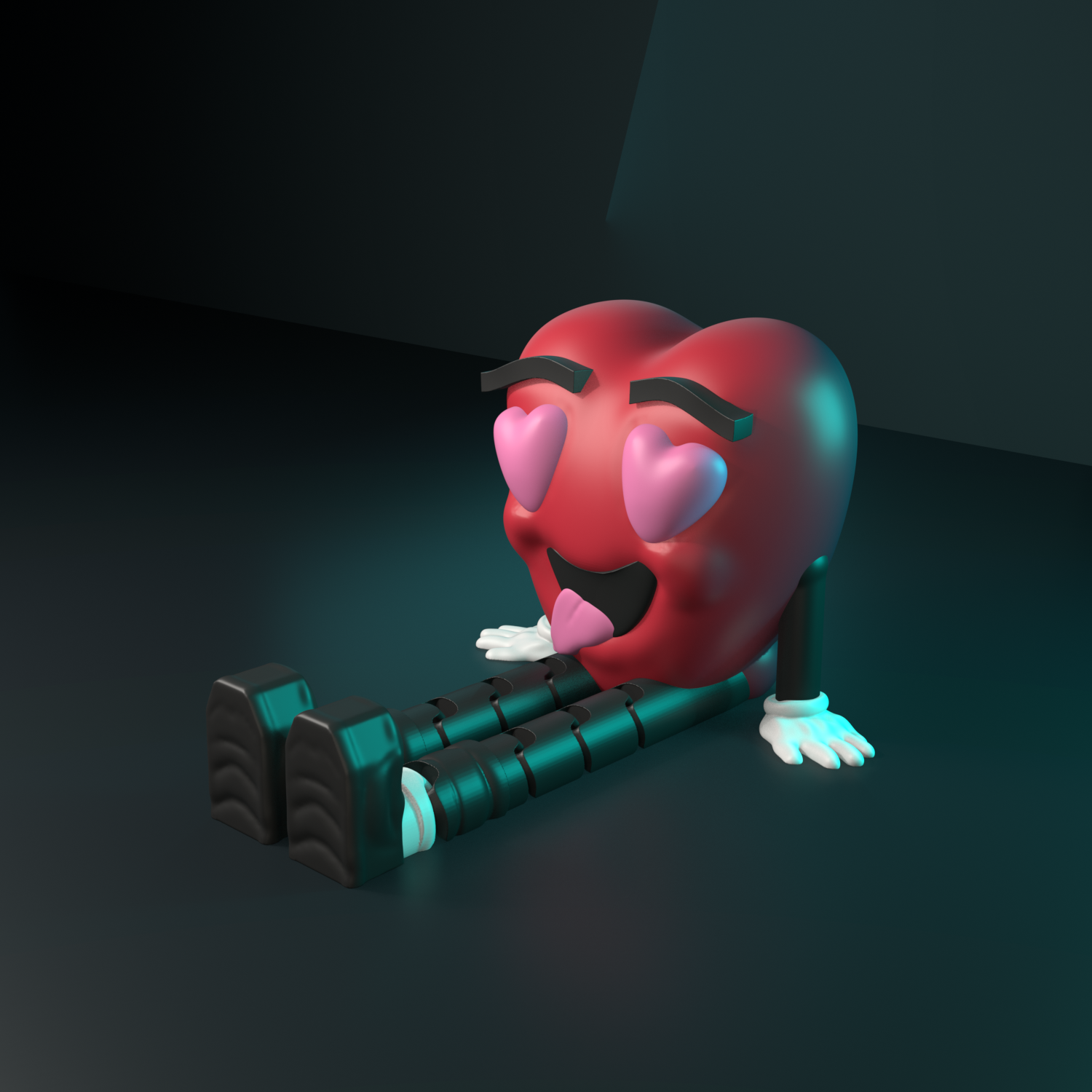 Smitten flexi heart with heart eyes and tongue out, teal lit studio render